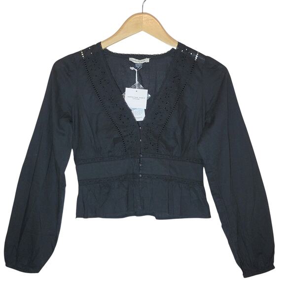 American Eagle Outfitters Tops - American Eagle NWT Eyelet Embroidered Cotton Peplum Blouse Black XS V Neck